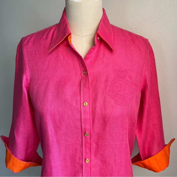 Ralph Lauren Petite Small Embroidered Crest Linen Women’s Shirt Fuchsia Pink - Picture 16 of 16
